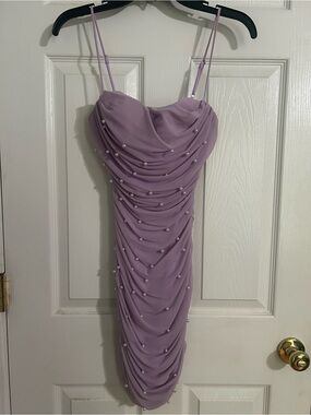 Windsor Lavender Pearl-Embellished Ruched Slip Dress